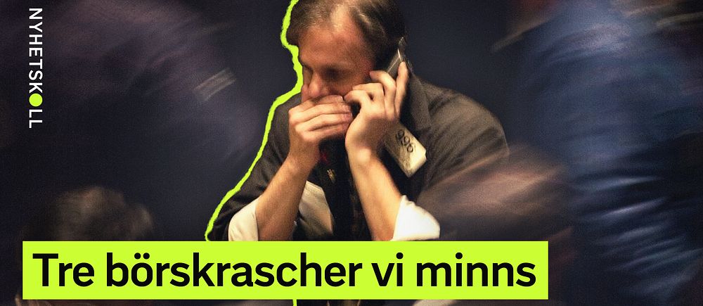Text på bilden: ”Tre börskrascher vi minns” över en suddig bakgrund.