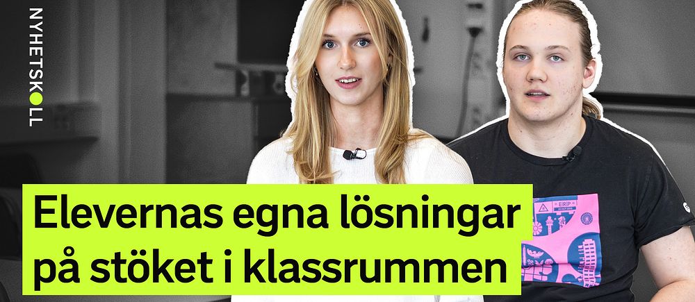 Två elever sitter bredvid varandra i ett klassrum med en rubrik om klassrumsstök.