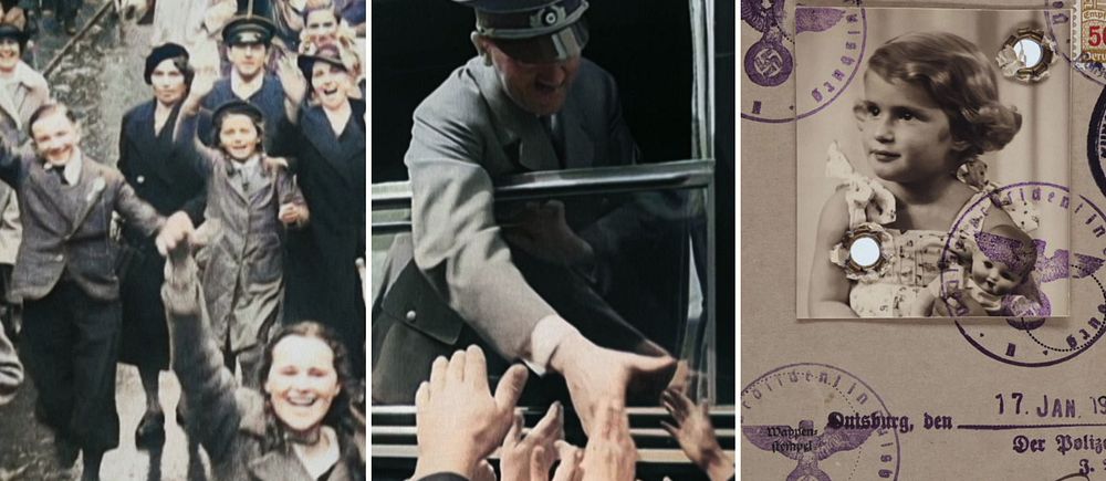 Bilder från SVT:s nya serie ”Sverige och kriget”. Vänster: glada människor i folkmassa. Mitten: Hitler i uniform hälsar på människor. Höger: gammalt pass med stämplar.