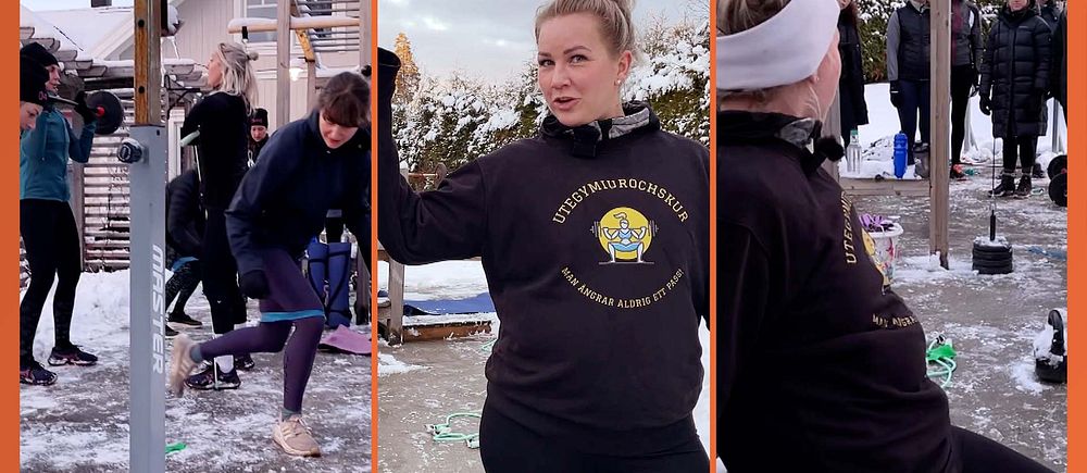 Tredelad bild. Längst till vänster: Personer tränar utomhus. I mitten: Kvinna med träningskläder. Till höger: Tränande kvinna med hörlurar.