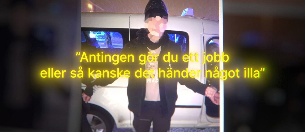 En man står framför en bil, texten hotar med att något illa kan hända.