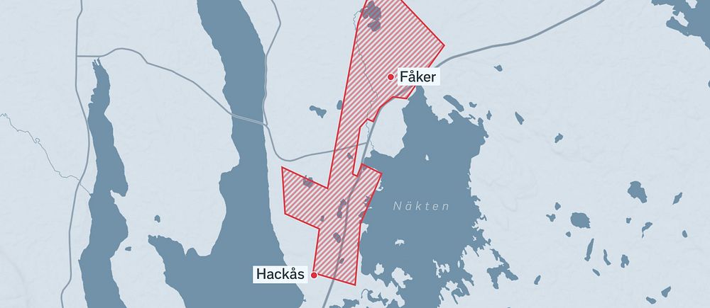 Karta som visar ett område mellan Fåker och Hackås vid Storsjön