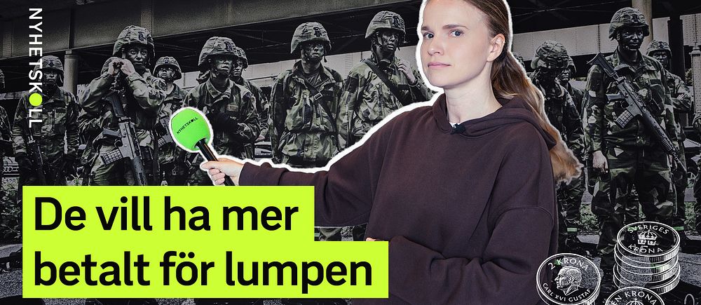 Reporter intervjuar soldater om ersättning för värnplikt; text om betalning för lumpen.