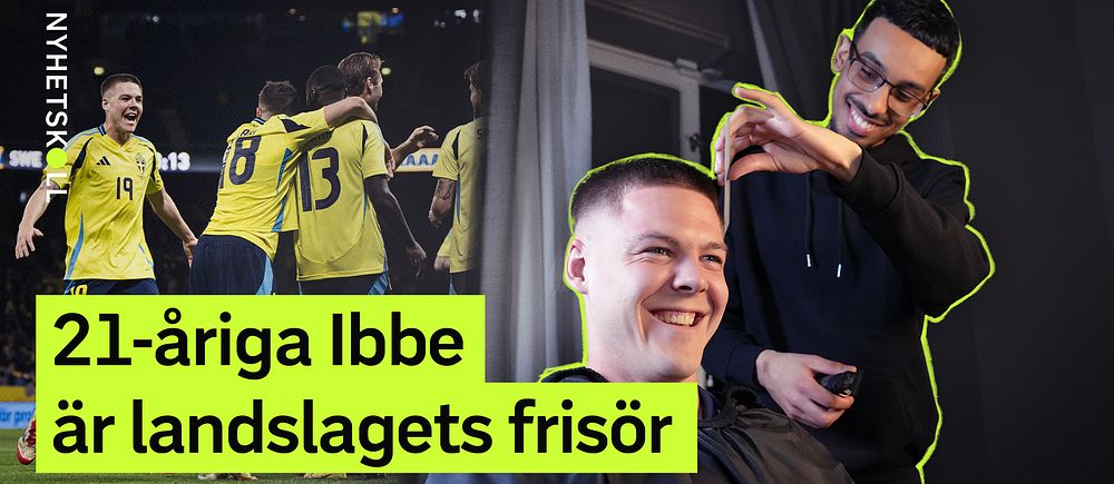 Delad bild. Vänster: Svenska fotbollsspelare firar. Höger: frisören klipper landslagsspelaren Emil Holm.