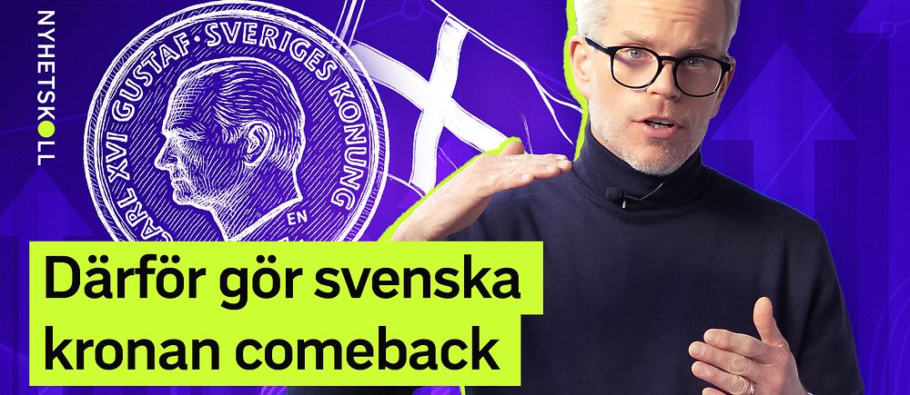 Nyhetsgrafik med text om svenska kronans återkomst. SVT:s ekonomikommentator Alexander Norén gestikulerar, svensk krona i bakgrunden.