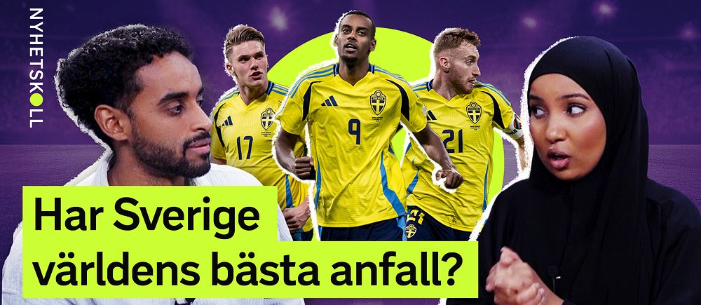Svenska fotbollsspelare i gula tröjor. Text: ”Har Sverige världens bästa anfall?”