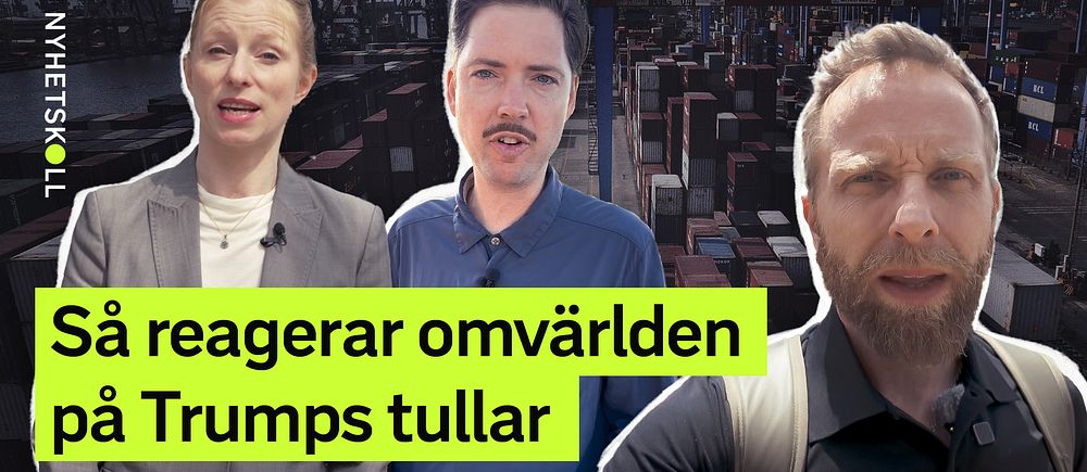 SVT:s korrespondenter Tilde Lewin, Tigran Feiler och Johan Ripås framför containerhamn. Text: Så reagerar omvärlden på Trumps tullar.