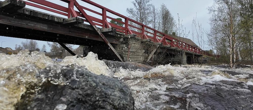 Röd gångbro i trä i Bureå och forsande vattenmassor.