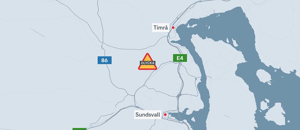 karta över Timrå, Sundsvall och olycksplatsen markerad med en olyckstriangelskylt