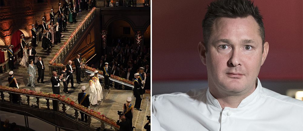Till vänster hedersgästerna anländer till förra årets Nobelmiddag. Till höger en bild av Tom Sjöstedt i vit kockskjorta.