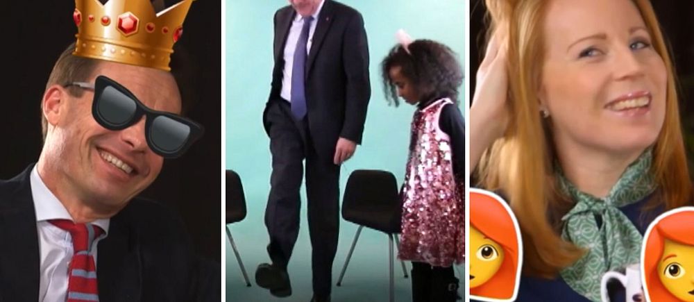 Ulf Kristersson skrattar i krona och solglasögön. Stefavn löfven dansar. Annie Lööf skrattar.