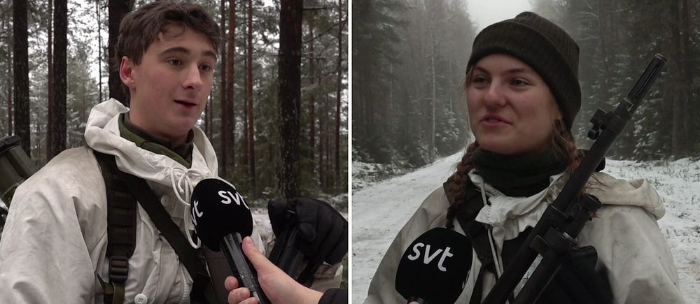 Tvådelad bild. Till vänster: person intervjuas i skog. Till höger: person med gevär i vinterlandskap.