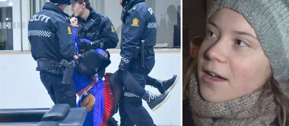 Här bär poliserna ut en av de tretton aktivisterna som ockuperat Olje- och energidepartementet i Oslo. Greta Thunberg var på plats och stöttade aktivisterna utanför.