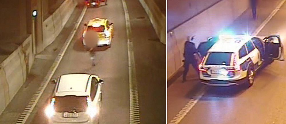 Övervakningsbilder från Björktunneln vid Gullmarsplan i Stockholm med bilar och polisbilar efter att en man skjutits till döds.