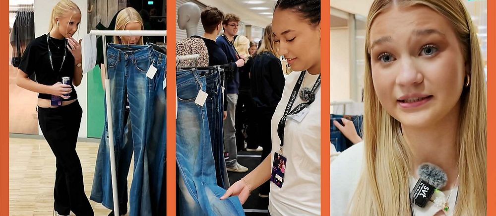 Tredelad bild. Till vänster: kvinna inspekterar jeans. I mitten: folk diskuterar jeans. Till höger: kvinna med mikrofon.