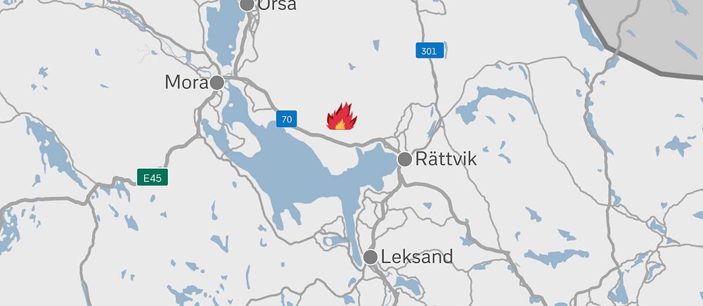 kart-grafik med bl.a Rättvik och Mora, och brandplatsen däremellen