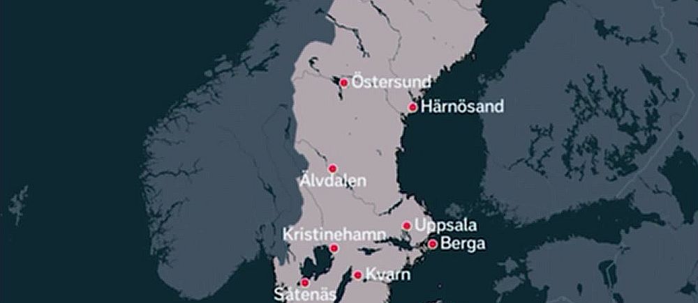 Karta över Sverige med markeringar där de 17 militärbaserna finns.