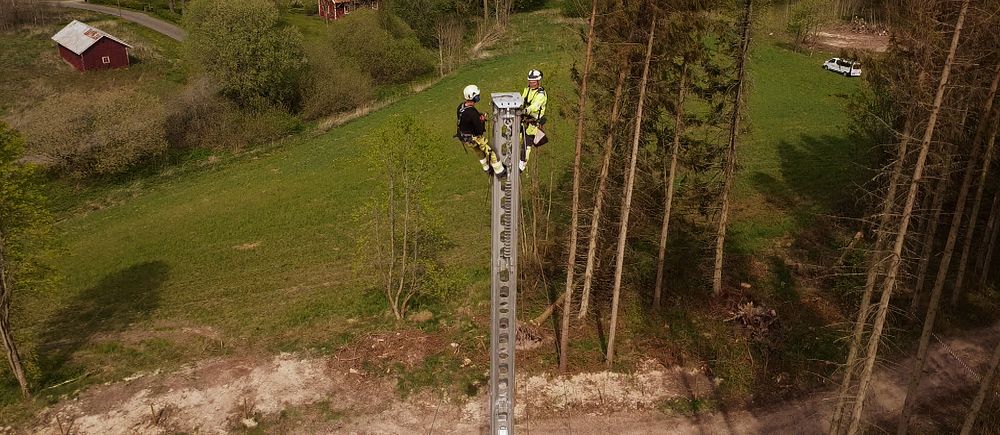 Två personer arbetar högt upp på en telefonmast i ett lantligt skogsområde.