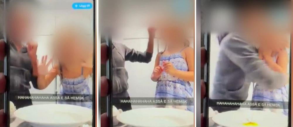 Stillbilder från TikTok-video där en mamma knäckte ett ägg på sitt barns panna