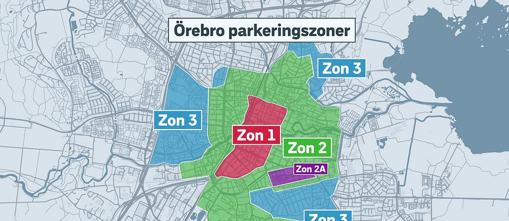 Karta över Örebro med markerade parkeringszoner i olika färger.