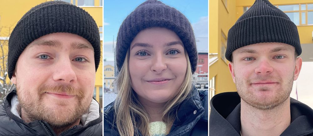 tre unga personer, två killar och en tjej i en splitbild, tittar in i kameran.