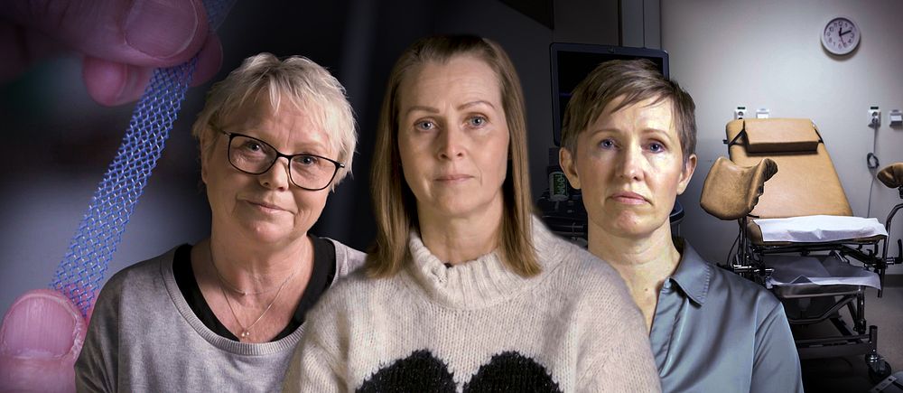 Tre personer sitter i ett rum med en undersökningsbrits och medicinsk utrustning i bakgrunden.