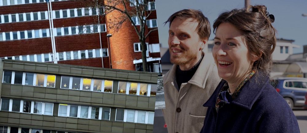 Delad bild. Till vänster: kontorshusfasad. Till höger: två personer står utomhus.