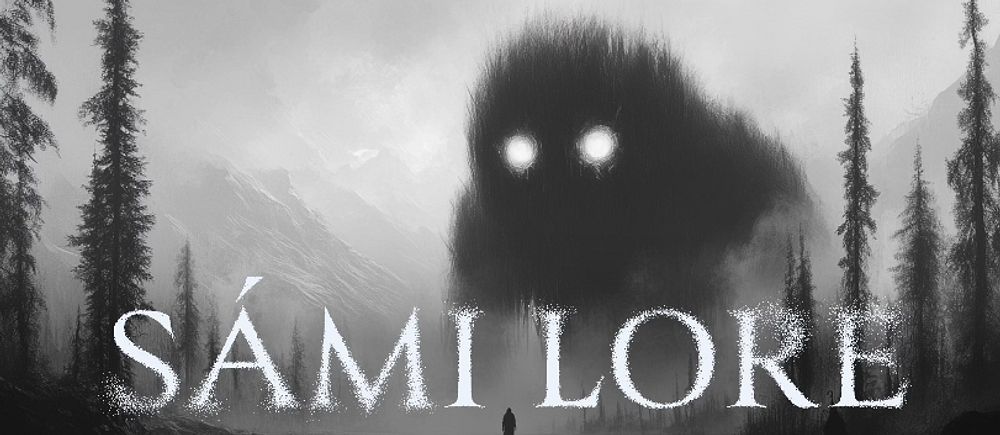 Illustration av en sagovarelse med lysande ögon i skogsmiljö, texten ”Sámi Lore” syns.