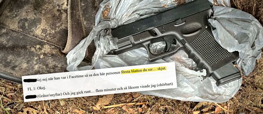 Pistol och textutdrag från polisförhör liggande på en plastpåse.