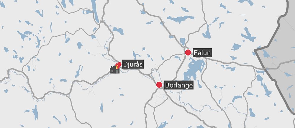 Karta över Dalarna där branden utanför Djurås är markerad.