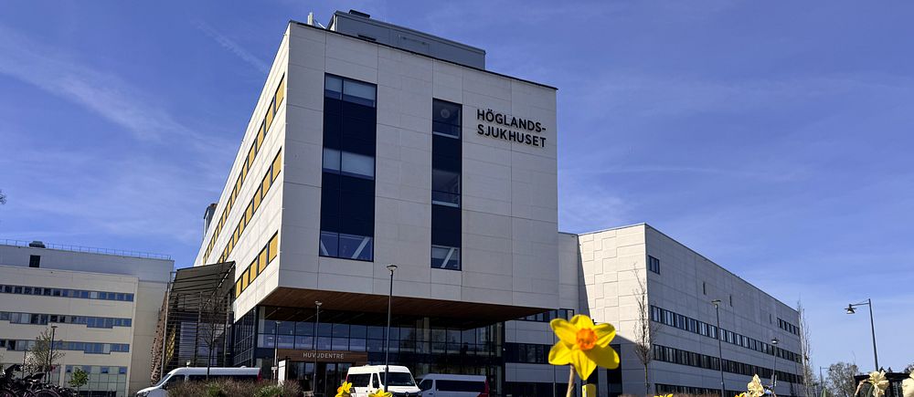 Bild på Höglandssjukhuset, och en påsklilja i förgrunden.