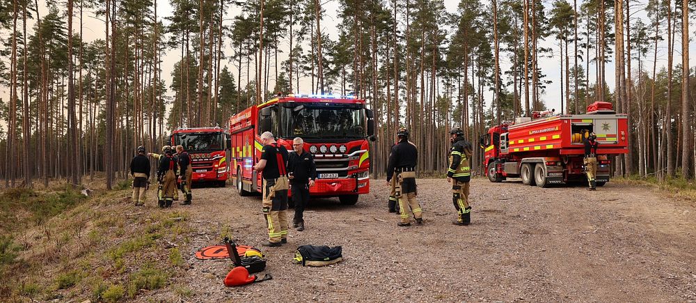 Brandbilar på plats i skogen i Björklinge utanför Uppsala där de bekämpar en skogsbrand.