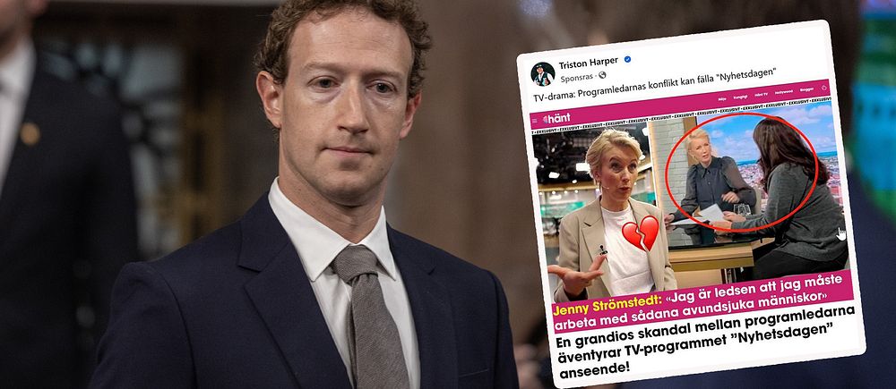 En suddig person med kostym bredvid en skärmdump av ett tweetsvar i sociala medier.
