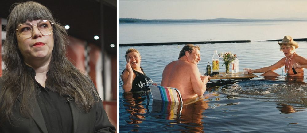 Delad bild. Vänster: person i mörka kläder inomhus. Höger: vuxna badar vid ett dukat bord i sjön.