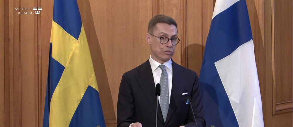 Republiken Finlands president Alexander Stubb talar för Sveriges riksdagsledamoter