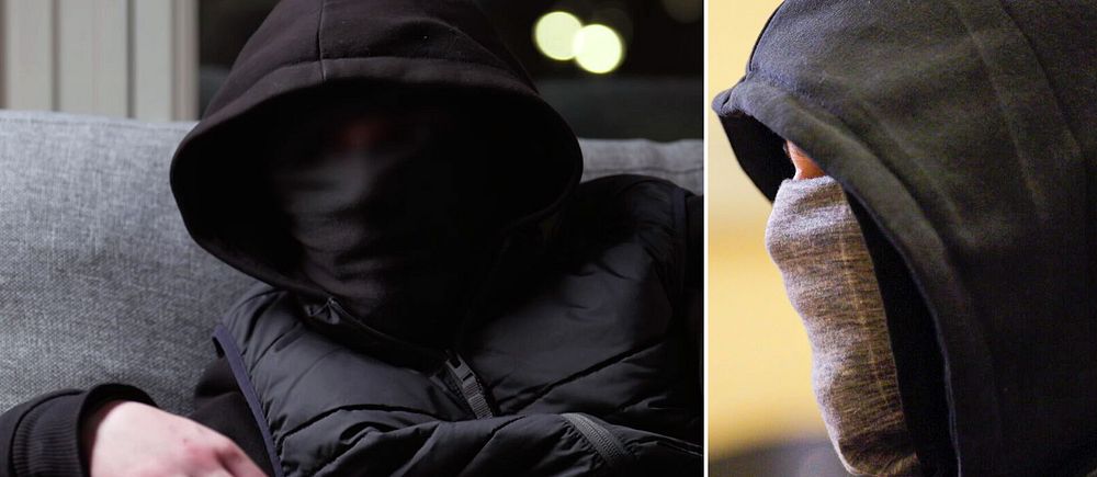 Tvådelad bild. Vänster: Maskerad person på soffa. Höger: Profil av maskerad person i hoodie.