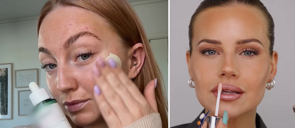 Tvådelad bild. Till vänster: kvinna applicerar ansiktskräm. Till höger: kvinna applicerar läppstift.