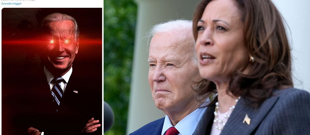 Till vänster syns skärmdump från X där man ser Joe Biden stå med armarna i kors och hans ögon lyser i rött. Till höger står Kamala Harris i förgrunden och Joe Biden bakom henne.