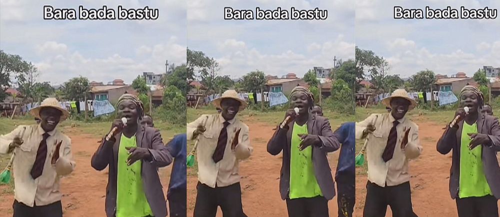Tredelad bild. Tre män står utomhus och poserar, med texten ”Bara basku bastu” ovanför.