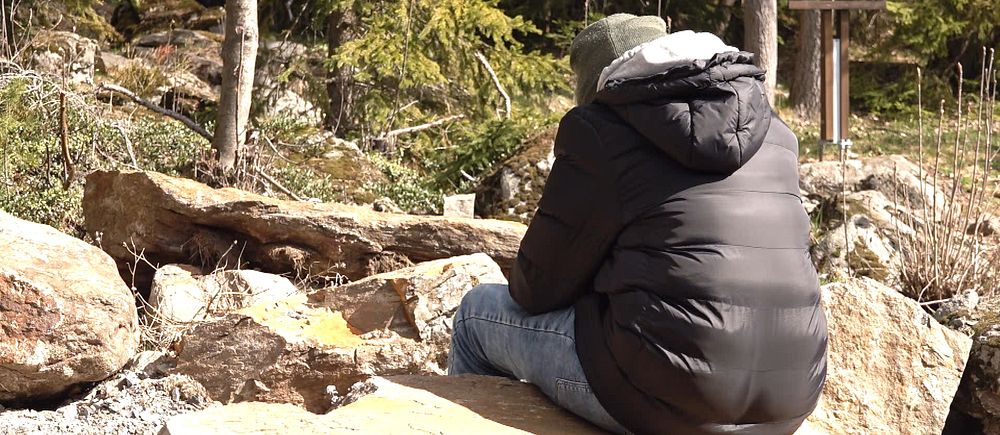 En tonårspojke sitter på en sten vid skogskanten på Norra Berget i Sundsvall och tittar ner i marken