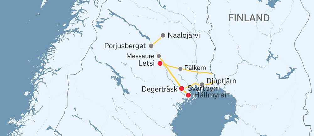 Karta över Norrbottens län där tänkta nya kraftledningar är markerade.
