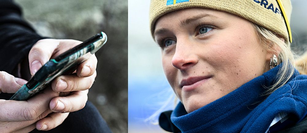 Tvådelad bild. Till vänster: händer håller en mobil. Till höger: person i vinterkläder.