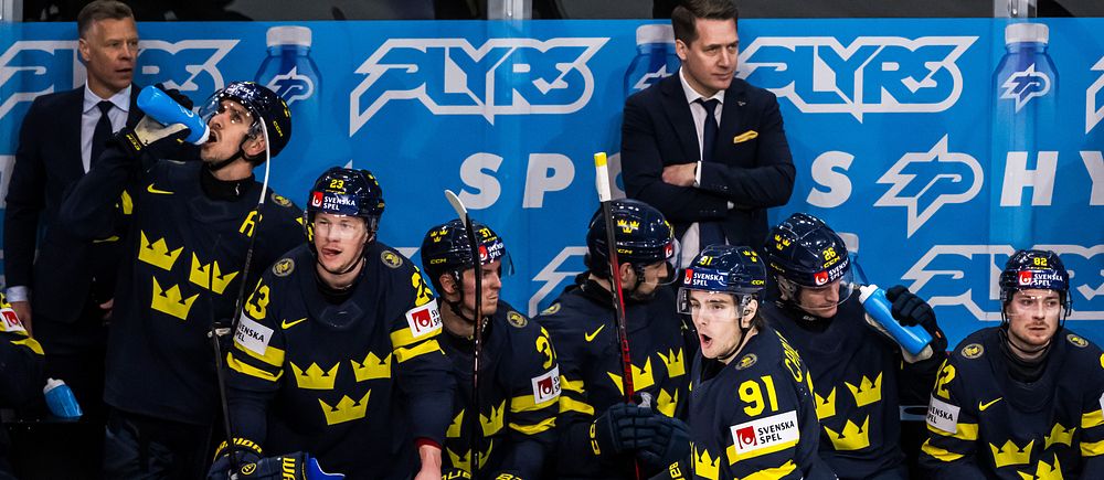 Svenska ishockeylandslagets spelare och tränare följer matchen från båset.