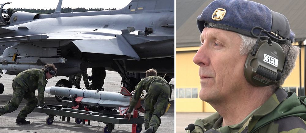 Delad bild. Till vänster: militär lastar stridsflygplan. Till höger: Mats-Uno Runesson, stf. chef för helikopterflotiljen, med hörselkåpor.