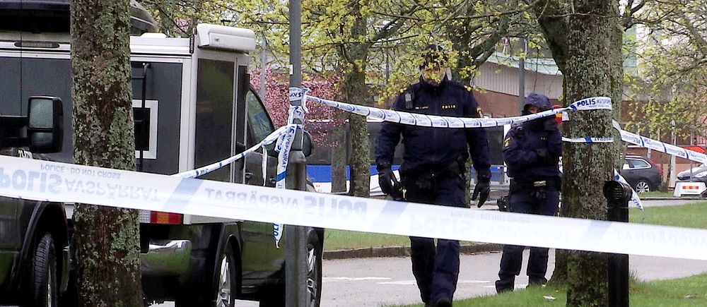 Poliser arbetar vid ett avspärrat område utomhus med polisband runt träd och fordon.