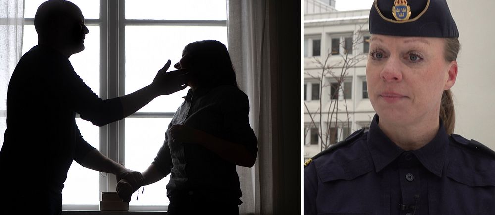 Bilden visar en man som slår en kvinna, samt en kvinna i poliskläder.