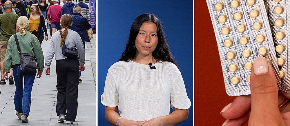 Tredelad bild. Till vänster två kvinnor som går på en gågata. I mitten SVT:s reporter som står i en studio med en blå bakgrund. Till höger en hand som håller p-pillerkartor mot en röd bakgrund.