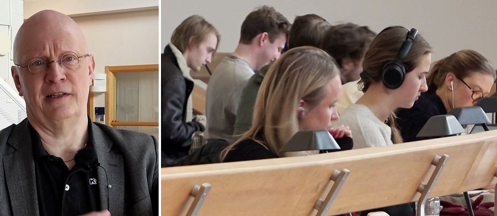 Delad bild. Till vänster: Prorektor Pär Weihed pratar. Till höger: studenter sitter i en föreläsningssal.