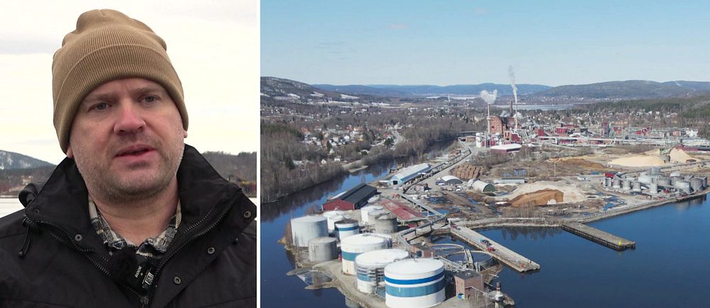 Delad bild. Till vänster: man i jacka och mössa. Till höger: flygvy över industriområde vid vatten.