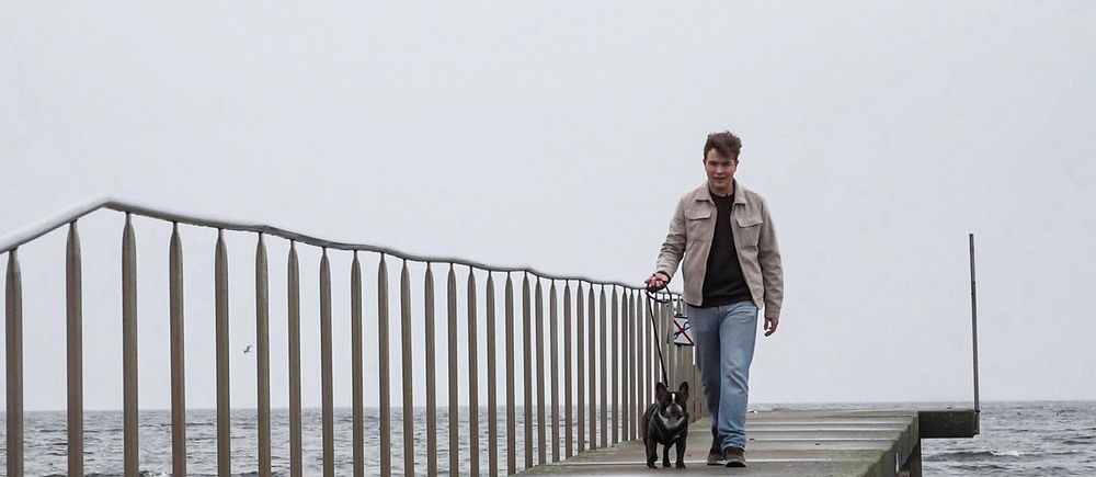 Olle Cardell går på en brygga med en fransk bulldog